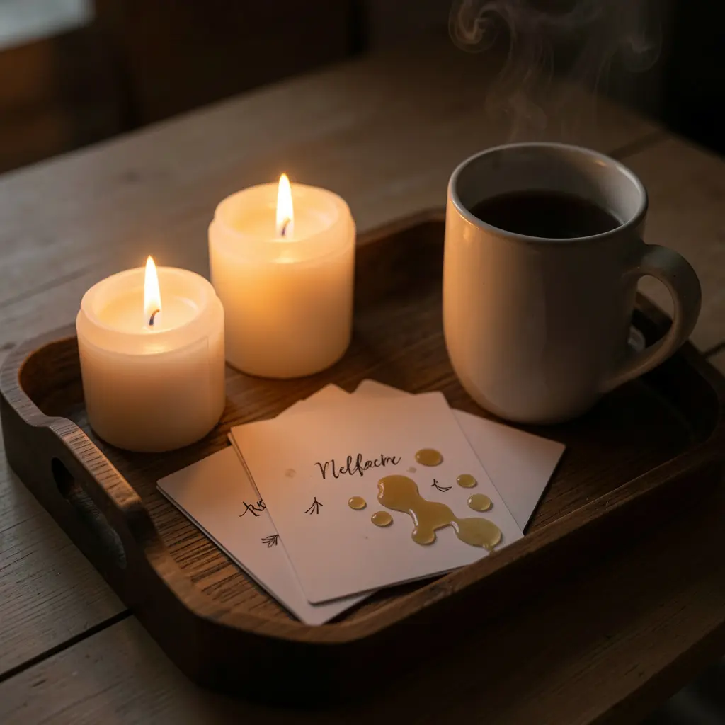 Evening routine setup with candles and reflection cards
